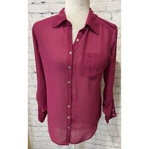 Guess Pink Button Down Roll Tab Long Sleeve Sheer Blouse Top Size Small